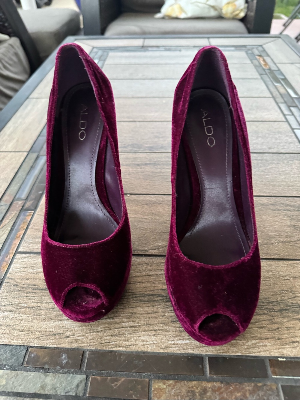 Aldo Burgundy Velvet Peep-Toe Heels